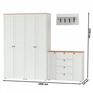 Комод четыре ящика с настенной вешалкой и двумя платяными шкафами Остин цвет белый шагрень/дуб крафт золотой