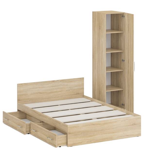 Двуспальная кровать с ящиками 1400 с пеналом Стандарт цвет дуб сонома