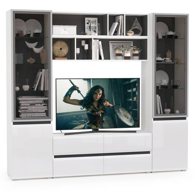 Сидней стенка для гостиной № 38 цвет белый/чёрный/фасады МДФ белый глянец Сидней стенка для гостиной № 38 цвет белый/чёрный/фасады МДФ белый глянец