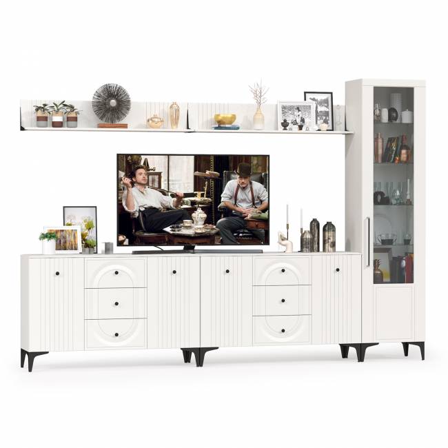 Два комода для аппаратуры с полками и пенал со стеклом Валенсия цвет белый шагрень Два комода для аппаратуры с полками и пенал со стеклом Валенсия цвет белый шагрень