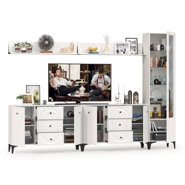 Два комода для аппаратуры с полками и пенал со стеклом Валенсия цвет белый шагрень Два комода для аппаратуры с полками и пенал со стеклом Валенсия цвет белый шагрень