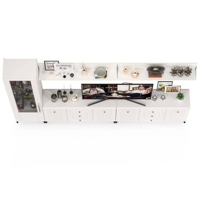 Два комода для аппаратуры с полками и пенал со стеклом Валенсия цвет белый шагрень Два комода для аппаратуры с полками и пенал со стеклом Валенсия цвет белый шагрень