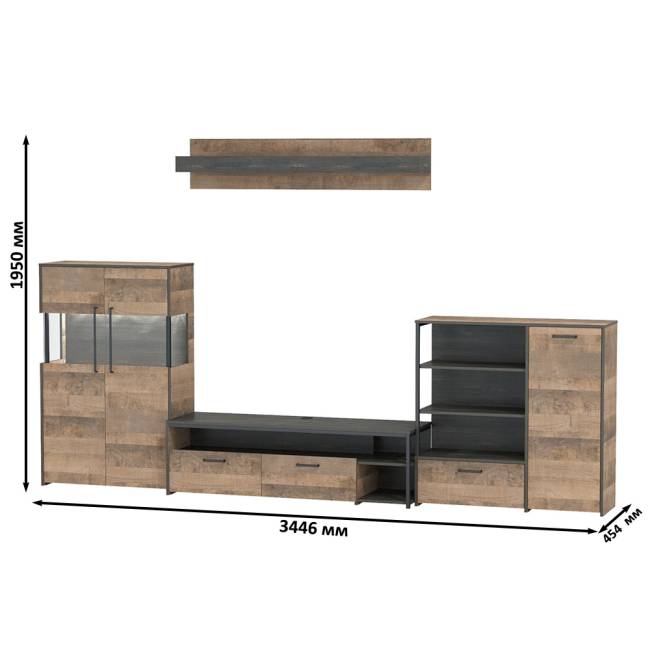 Стенка в гостиную с подсветкой в стиле лофт Трувор № 53 цвет дуб гранж песочный/интра Стенка в гостиную с подсветкой в стиле лофт Трувор № 53 цвет дуб гранж песочный/интра