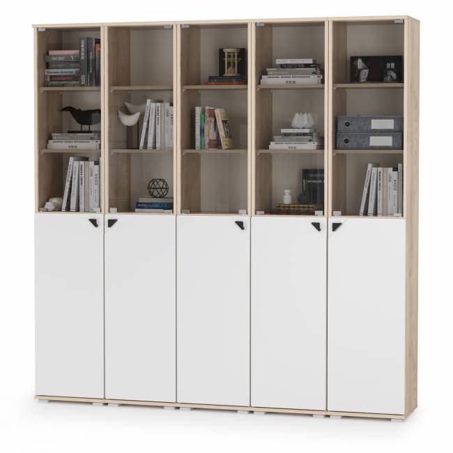 Шкафы со стёклами Бостон № 49 цвет дуб эндгрейн элегантный/фасады МДФ милк рикамо софт Шкафы со стёклами Бостон № 49 цвет дуб эндгрейн элегантный/фасады МДФ милк рикамо софт