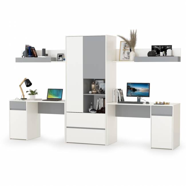 Столы компьютерные Торонто для двоих детей с полками и шкафом цвет белый шагрень/стальной серый