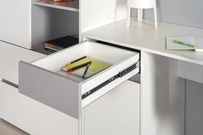 Столы компьютерные Торонто для двоих детей с полками и шкафом цвет белый шагрень/стальной серый