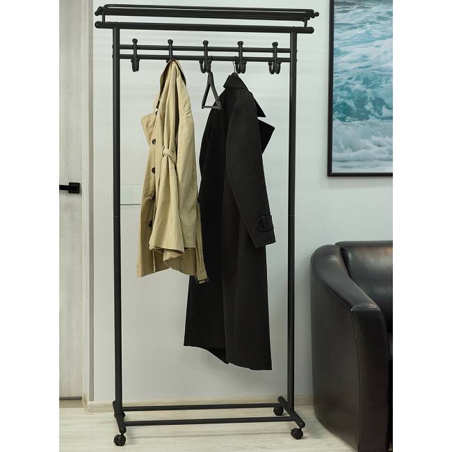 Вешалка напольная на колесах М 9 чёрный с крючками Вешалка напольная на колесах М 9 чёрный с крючками