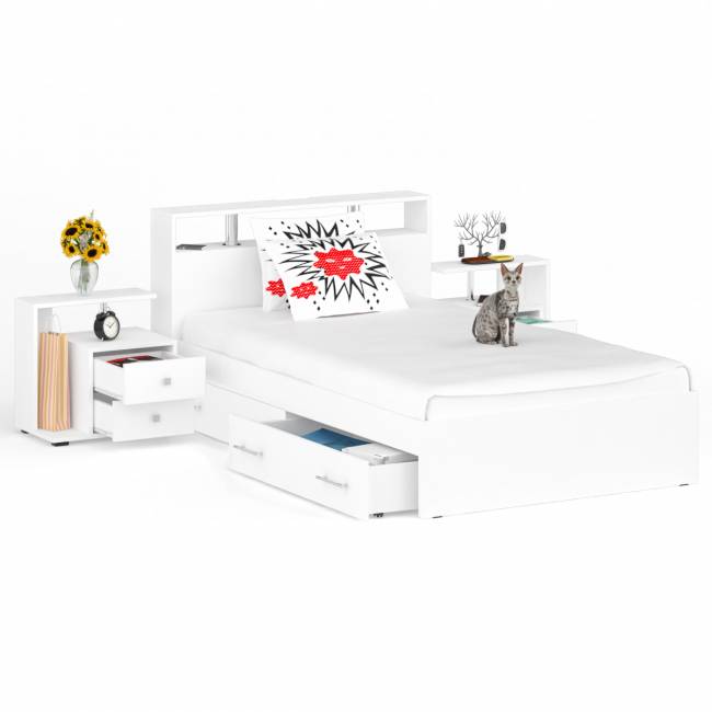 Кровать с ящиками 1200 Камелия + две тумбы цвет белый