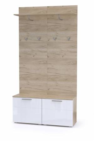 Тумбы для обуви с вешалками для верхней одежды Лайн цвет дуб крафт серый/фасады МДФ белый глянец