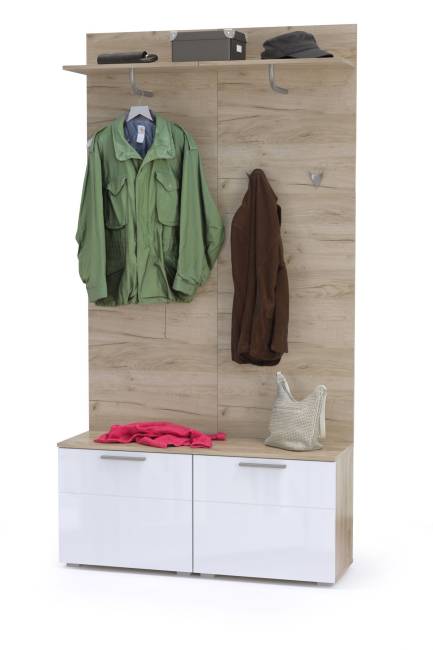 Тумбы для обуви с вешалками для верхней одежды Лайн цвет дуб крафт серый/фасады МДФ белый глянец