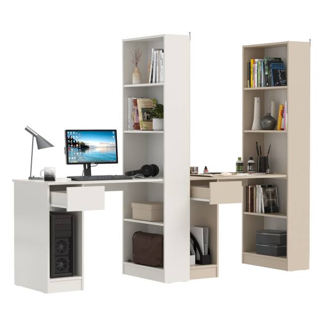 Два стола письменных с выдвижным ящиком и открытым шкафом Лайт 10.01 цвет белый гладкий/сатин