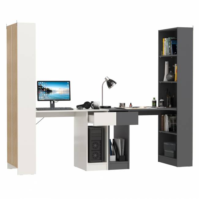 Два стола письменных со стеллажом с полками Лайт 10.01 цвет белый гладкий/тёмно-серый