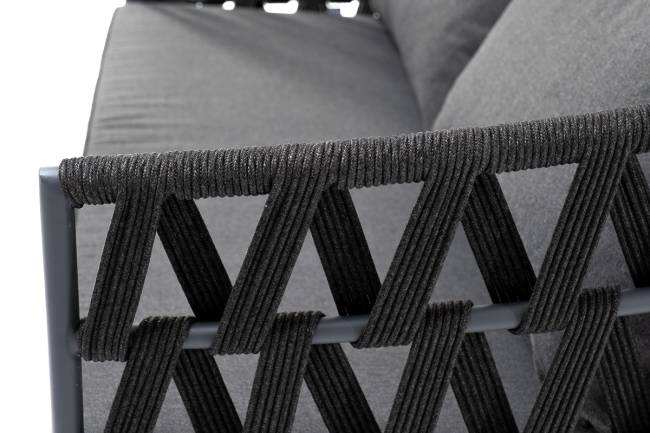 "Диего" диван 2-местный плетеный из роупа, каркас алюминий темно-серый (RAL7024) муар, роуп темно-серый круглый, ткань темно-серая 027 "Диего" диван 2-местный плетеный из роупа, каркас алюминий темно-серый (RAL7024) муар, роуп темно-серый круглый, ткань темно-серая 027