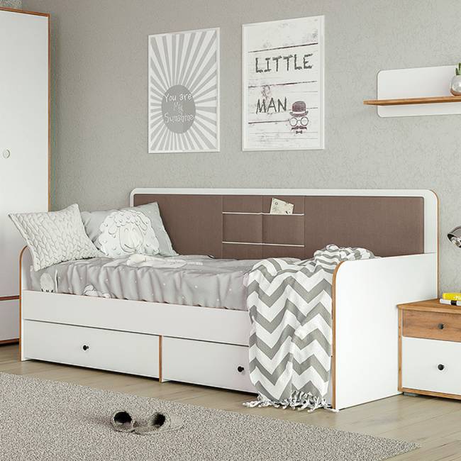 Кровать с ящиками Вуди 11.02 цвет белый премиум/дуб крафт золотой/саванна латте