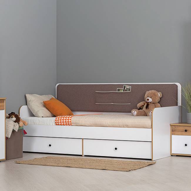 Кровать с ящиками Вуди 11.02 цвет белый премиум/дуб крафт золотой/саванна латте