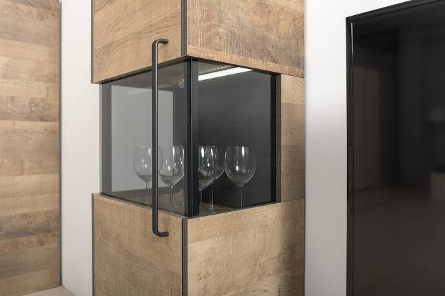 Стеллаж 13.151.02 и шкаф-пенал с витриной с подсветкой Трувор цвет дуб гранж песочный/интра