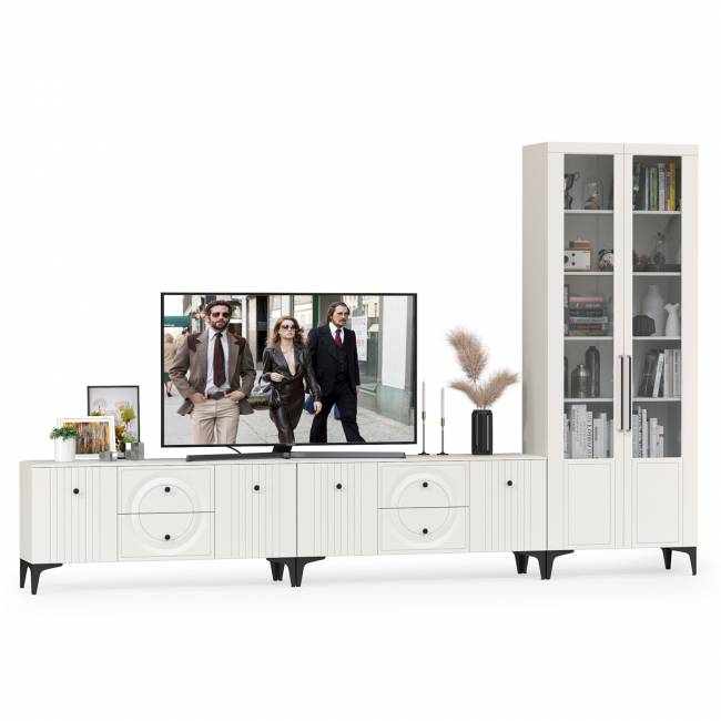 Две тумбы под аппаратуру и сервант Валенсия цвет белый шагрень